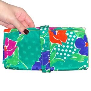 VTG Christian Dior Green Floral Print Makeup Jewelry Travel Roll Clutch Bag Case